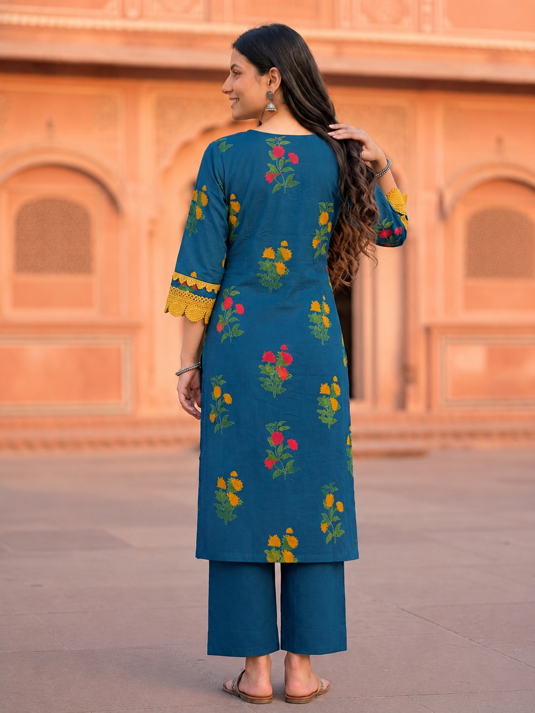 Blue Floral Ethnic Printed Lace Work Cotton Straight Kurta Set with Palazzo and Dupatta