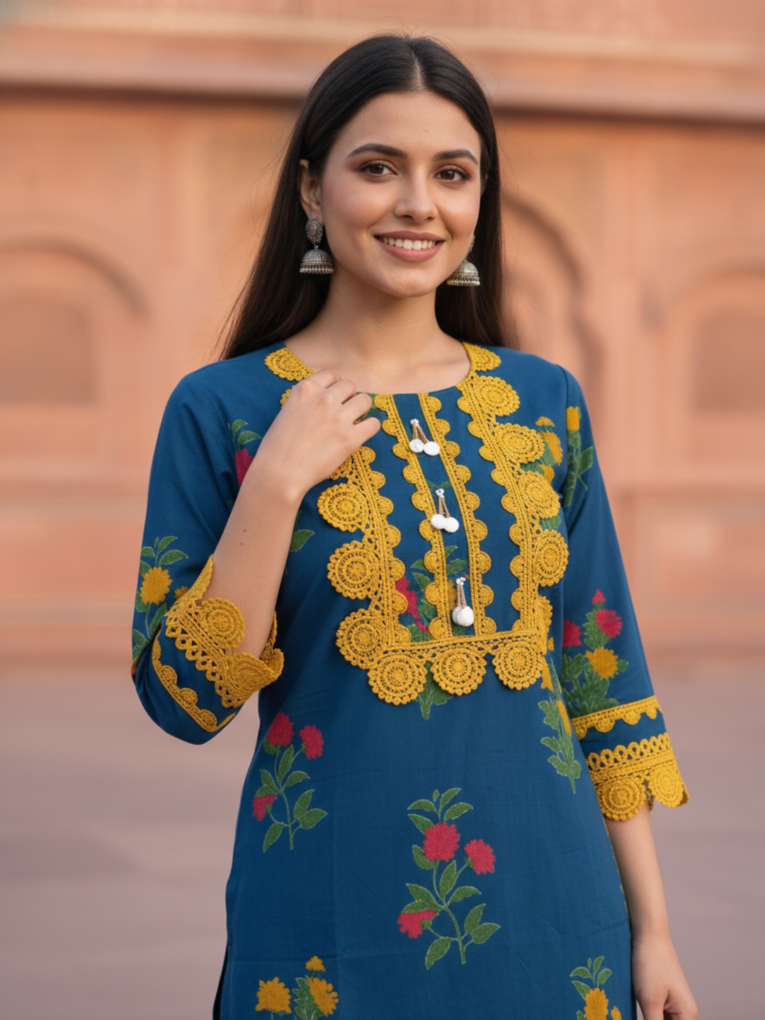 Blue Floral Ethnic Printed Lace Work Cotton Straight Kurta Set with Palazzo and Dupatta