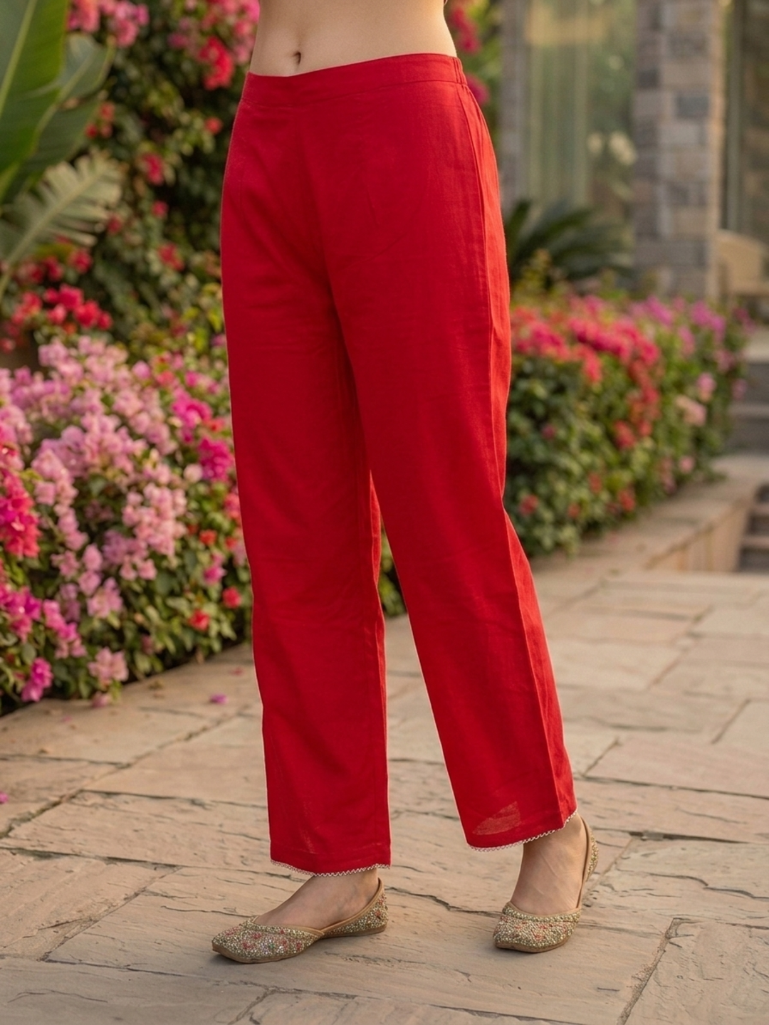Rani Pink Solid Mirror Embroidered Cotton A-Line Kurta Set with Palazzo and Dupatta
