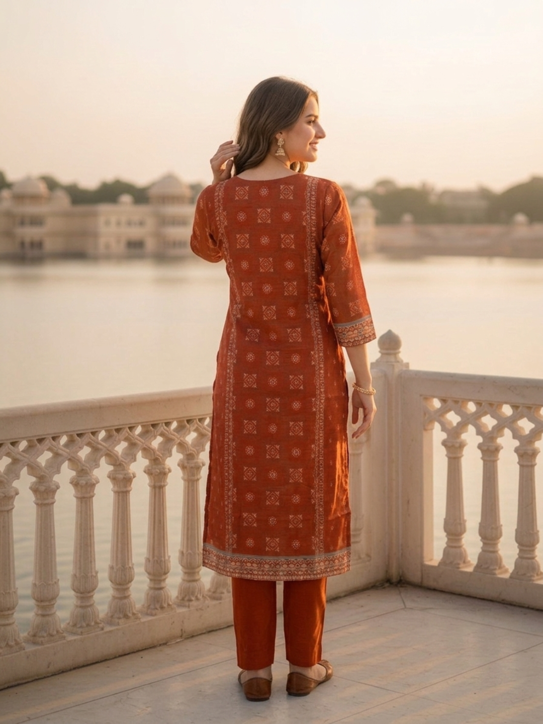Burnt Orange Floral Ethnic Printed Embroidered Chanderi Silk Straight Kurta Set with Pant and Dupatta