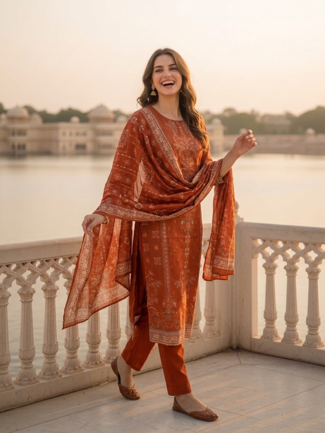 Burnt Orange Floral Ethnic Printed Embroidered Chanderi Silk Straight Kurta Set with Pant and Dupatta