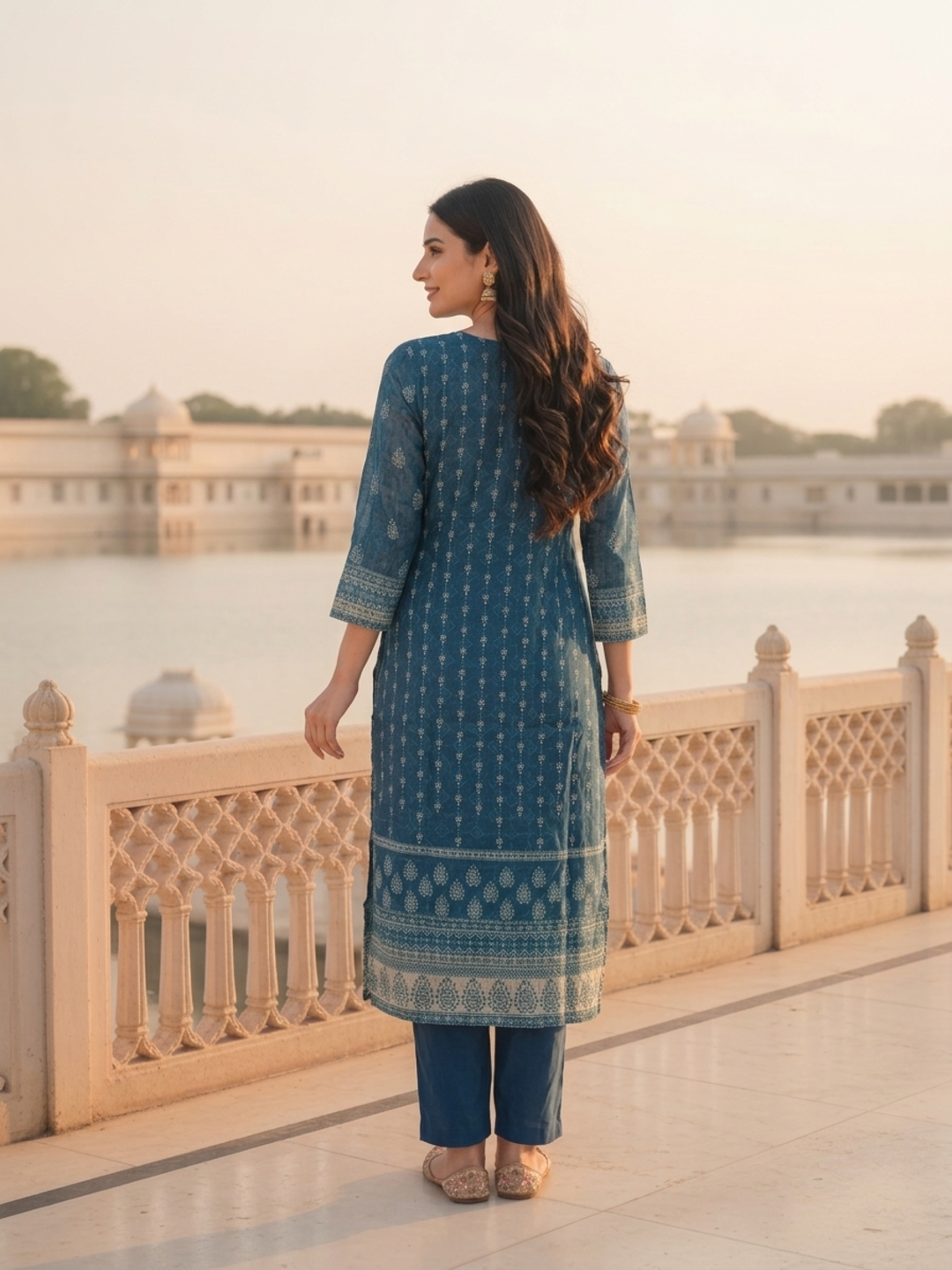 Indigo Blue Floral Ethnic Printed Embroidered Chanderi Silk Straight Kurta Set with Pant and Dupatta
