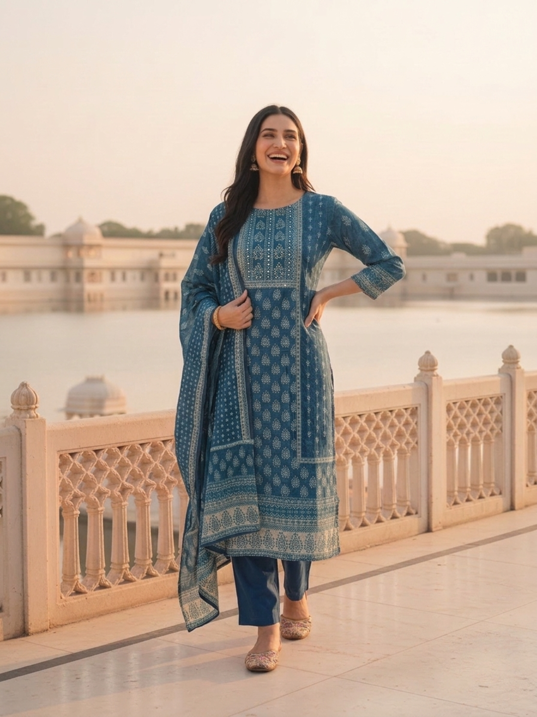 Indigo Blue Floral Ethnic Printed Embroidered Chanderi Silk Straight Kurta Set with Pant and Dupatta