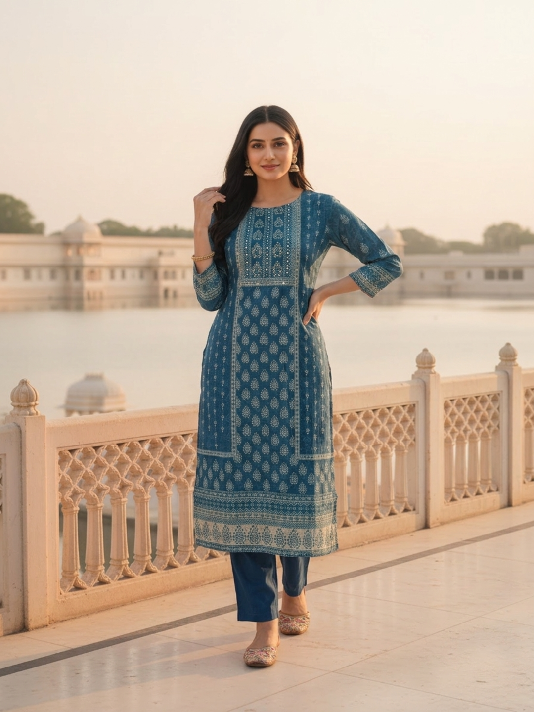 Indigo Blue Floral Ethnic Printed Embroidered Chanderi Silk Straight Kurta Set with Pant and Dupatta
