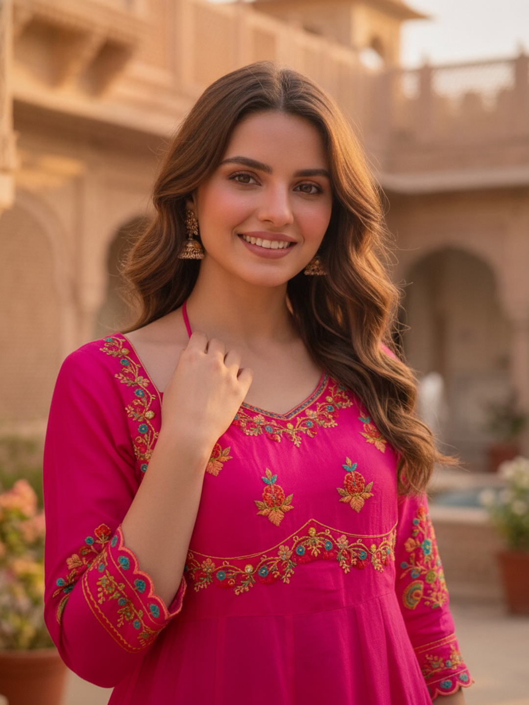 Fuchsia Solid Floral Hand-Embroidered Cotton Anarkali Kurta Set with Pant and Dupatta