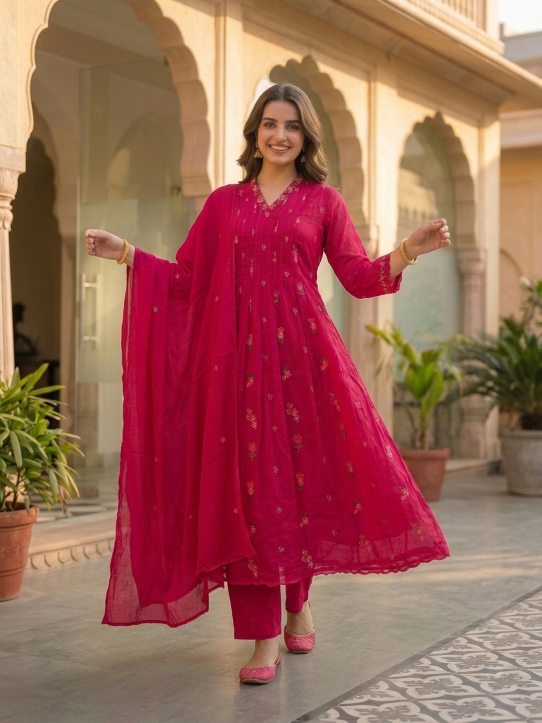 Fuchsia Solid Floral Embroidered Cotton A-Line Pleated Kurta Set with Pant and Dupatta