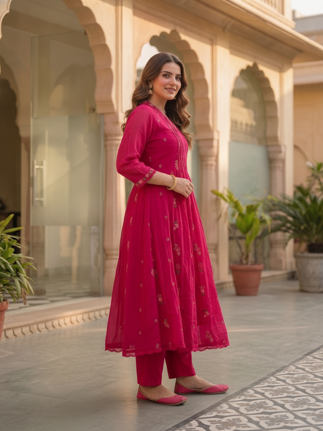 Fuchsia Solid Floral Embroidered Cotton A-Line Pleated Kurta Set with Pant and Dupatta
