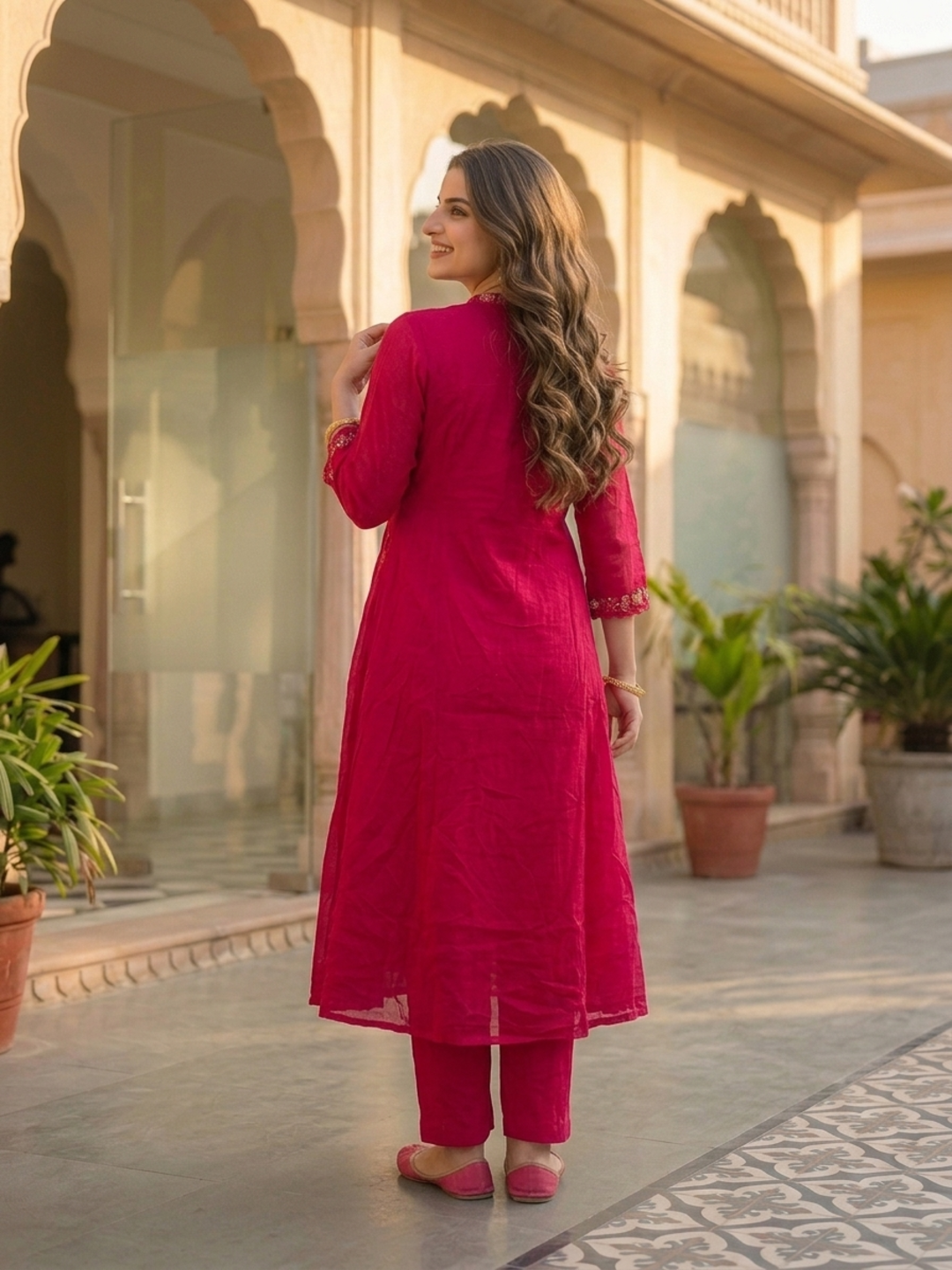 Fuchsia Solid Floral Embroidered Cotton A-Line Pleated Kurta Set with Pant and Dupatta