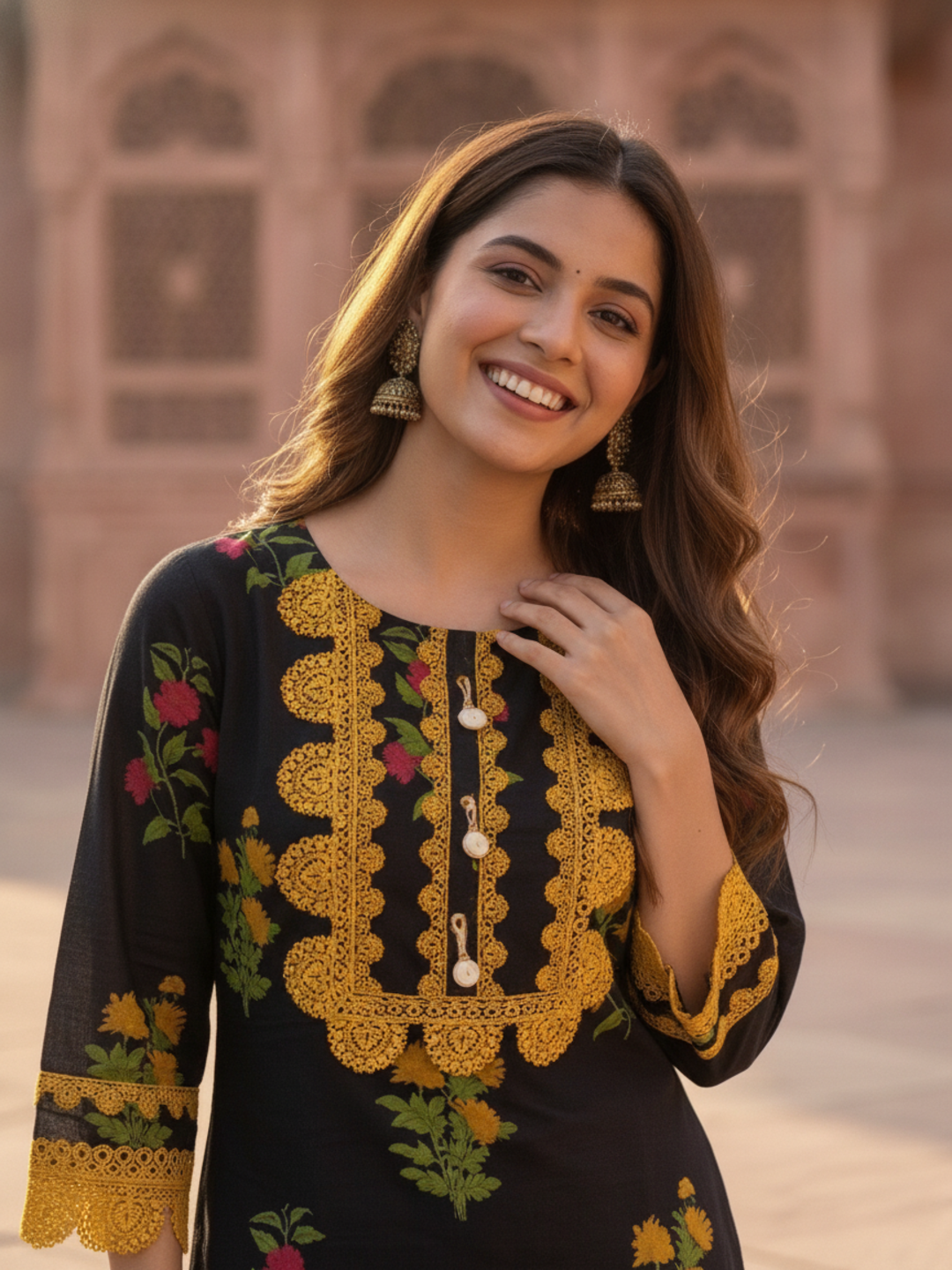 Black Floral Ethnic Printed Lace Work Cotton Straight Kurta Set with Palazzo and Dupatta