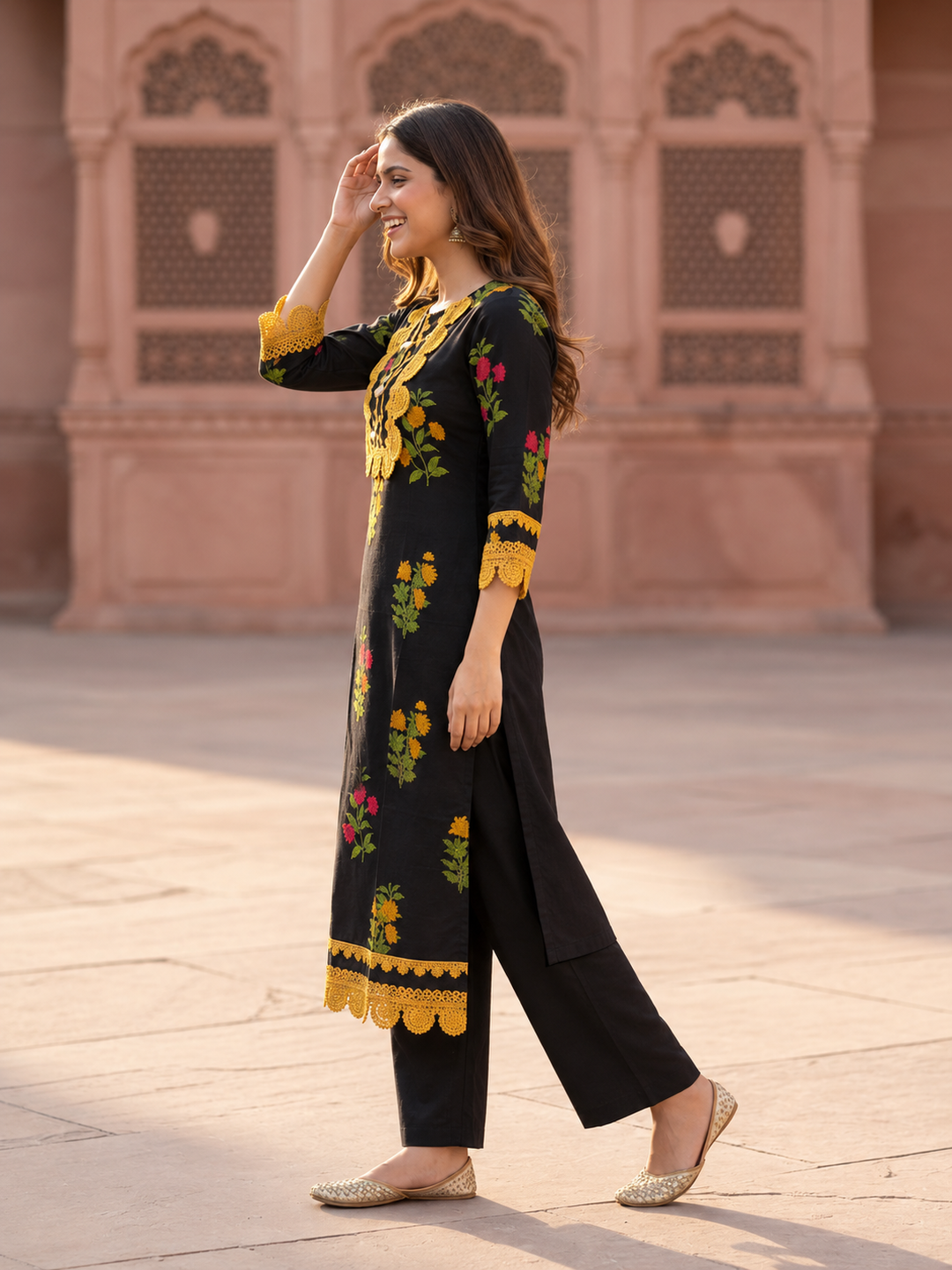 Black Floral Ethnic Printed Lace Work Cotton Straight Kurta Set with Palazzo and Dupatta