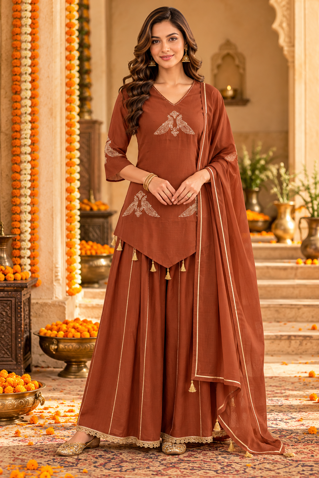 Brown Solid Peacock Embroidered Chanderi Silk Straight Short Kurta Set with Palazzo and Dupatta