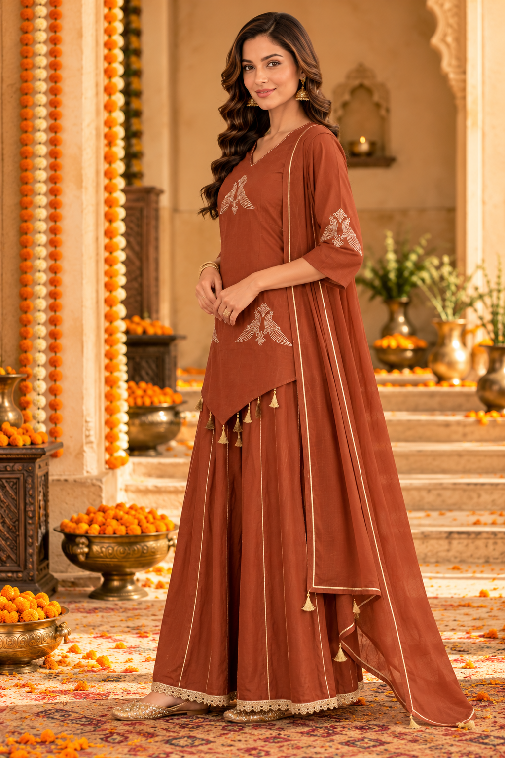 Brown Solid Peacock Embroidered Chanderi Silk Straight Short Kurta Set with Palazzo and Dupatta