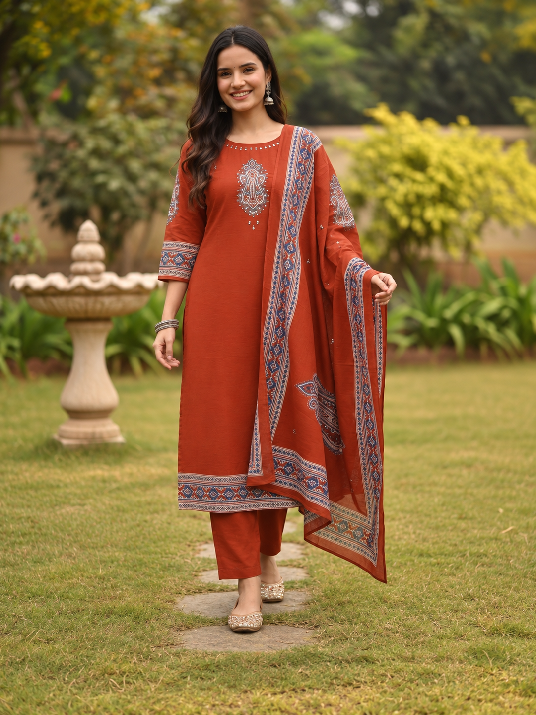 Rust Solid Floral Embroidered Cotton A-Line Kurta Set with Palazzo and Printed Dupatta