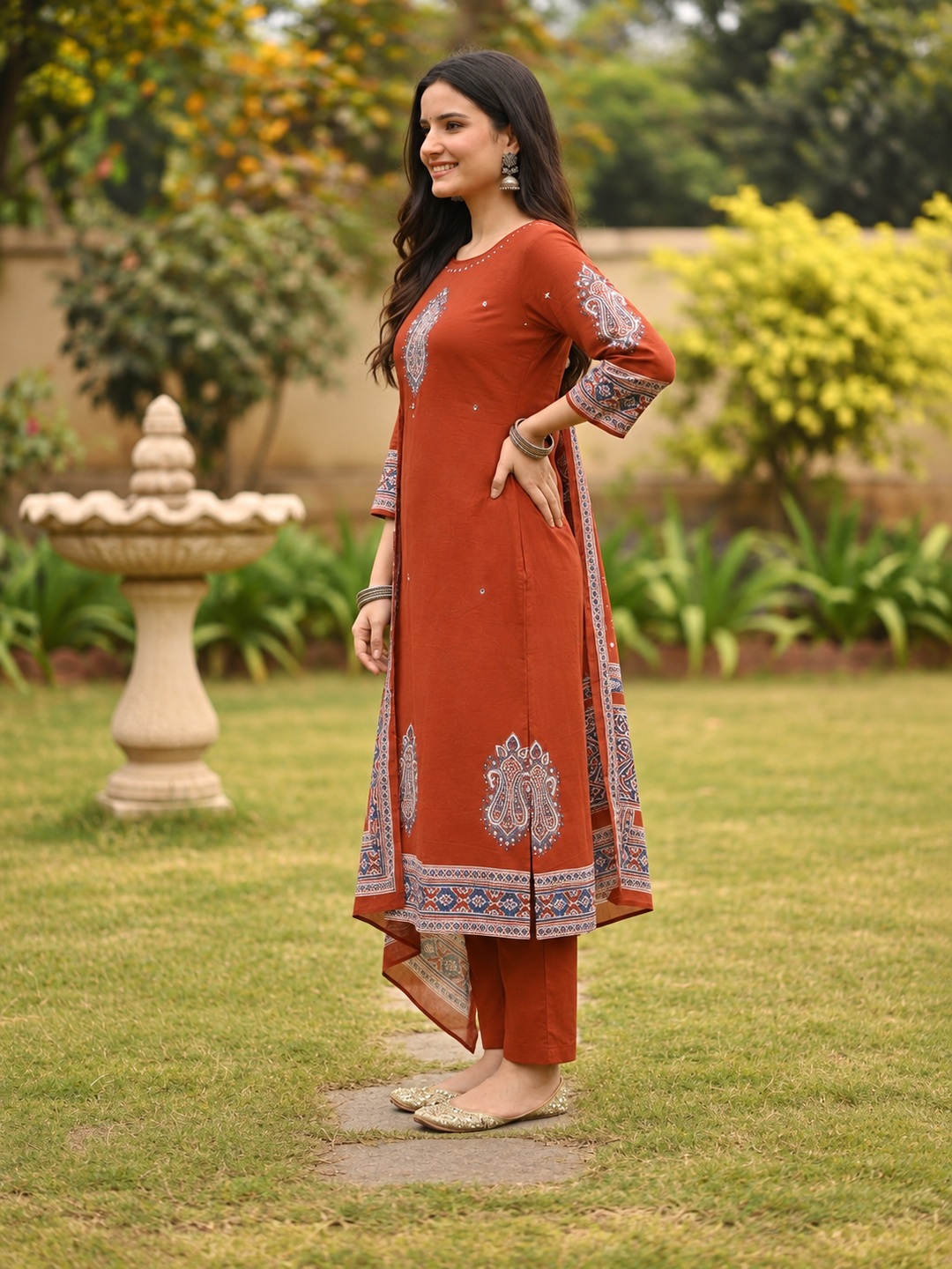 Rust Solid Floral Embroidered Cotton A-Line Kurta Set with Palazzo and Printed Dupatta