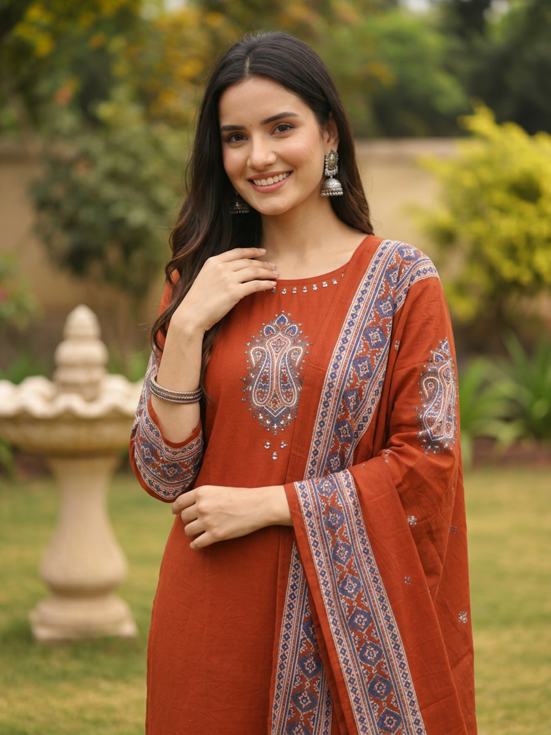 Rust Solid Floral Embroidered Cotton A-Line Kurta Set with Palazzo and Printed Dupatta