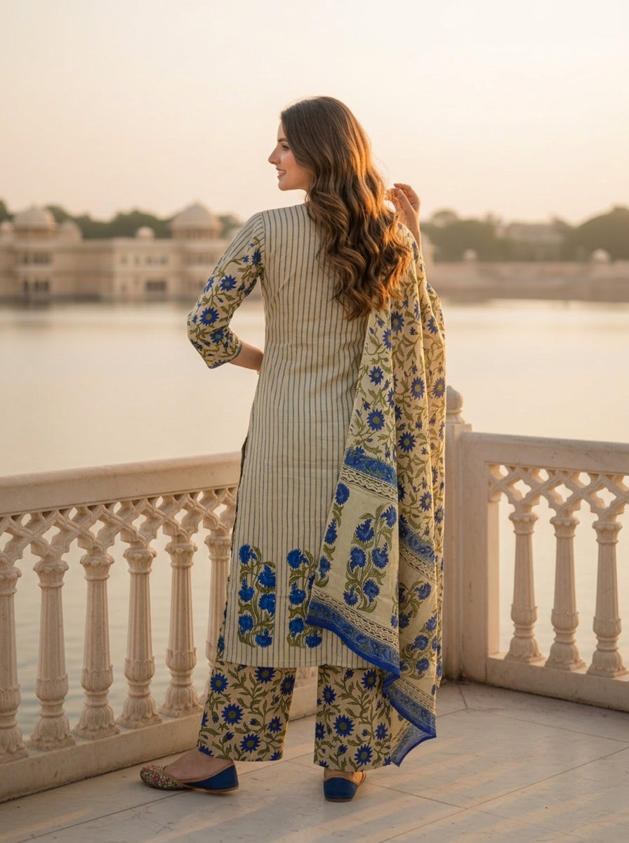 Blue Floral Ethnic Printed Embroidered Cotton A-Line Kurta Set with Palazzo and Dupatta