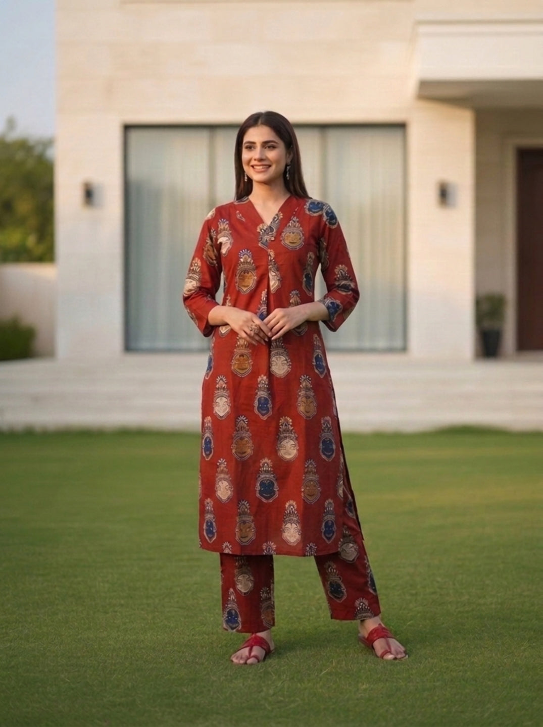 Rust Red Traditional Face Motif Printed Cotton Straight Kurta Set with Pant