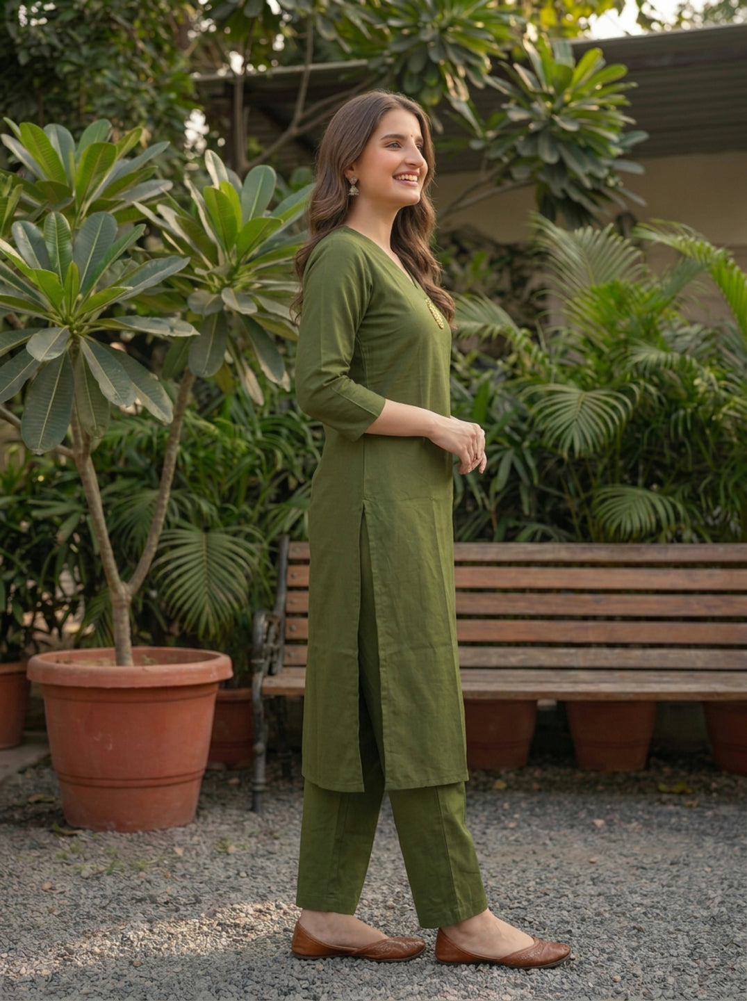 Moss Green Solid Oxidised Trimmed Silk Blend A-Line Co-ord Set with Palazzo