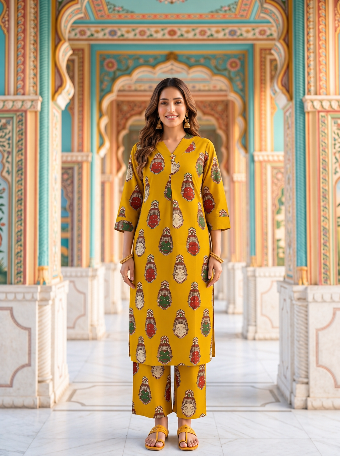 Mustard Yellow Ethnic Figurative Printed Cotton A-Line Co-ord Set with Palazzo
