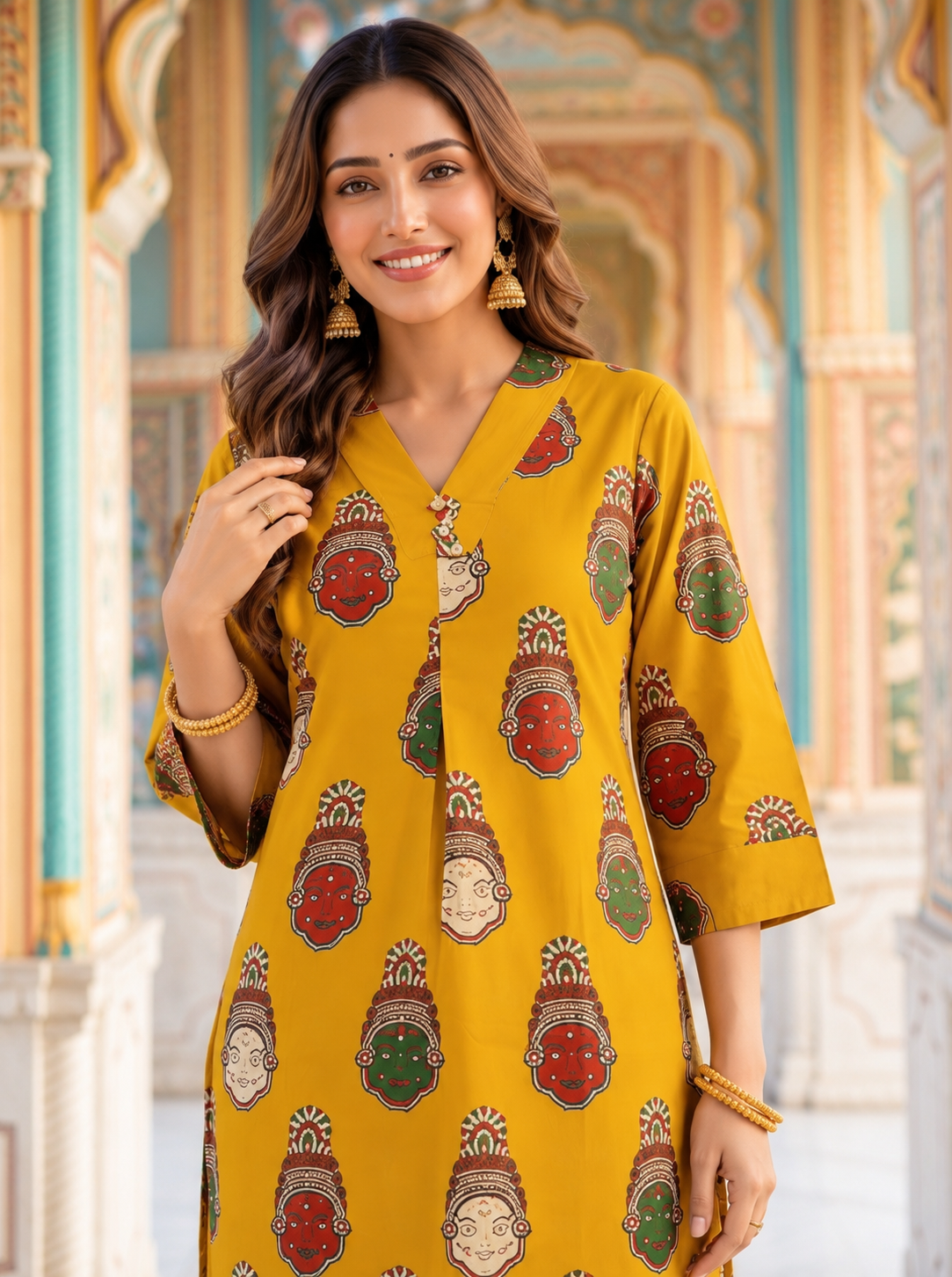 Mustard Yellow Ethnic Figurative Printed Cotton A-Line Co-ord Set with Palazzo