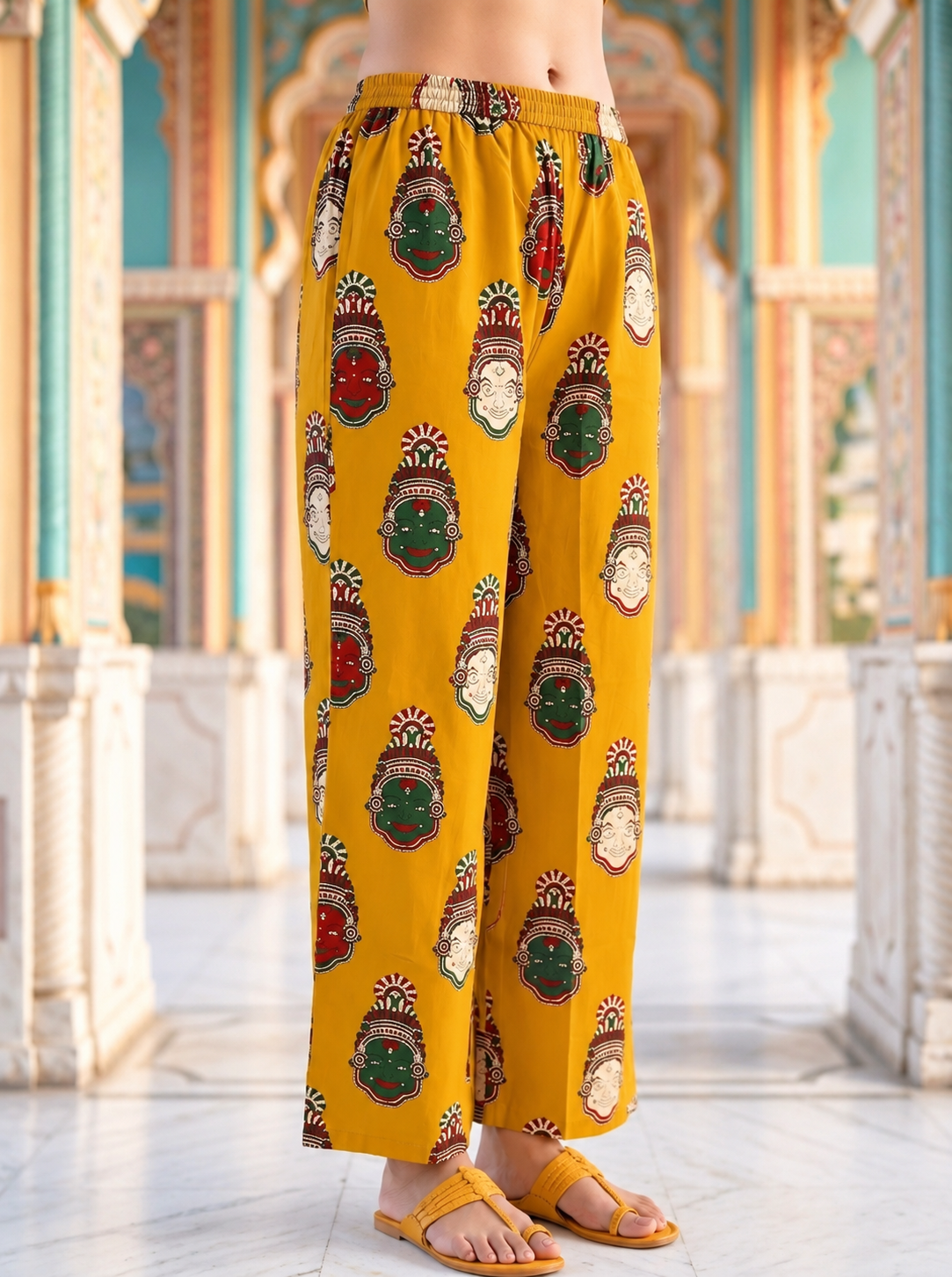 Mustard Yellow Ethnic Figurative Printed Cotton A-Line Co-ord Set with Palazzo