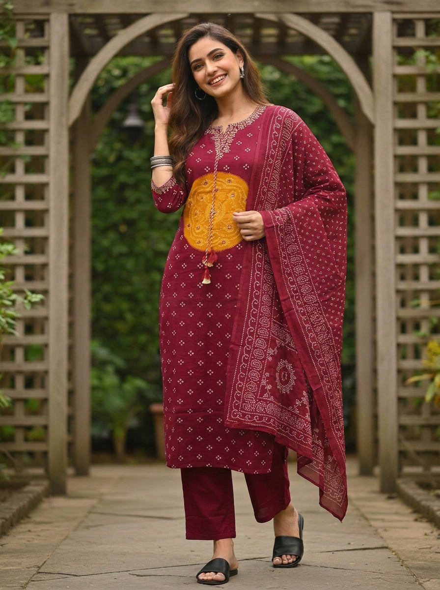 Maroon Bandhani Printed Mirror Embroidered Cotton Straight Kurta Set with Pant and Dupatta