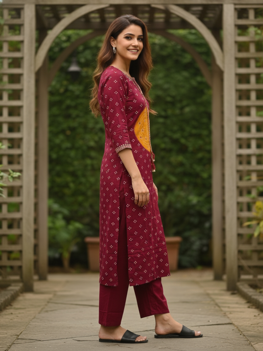 Maroon Bandhani Printed Mirror Embroidered Cotton Straight Kurta Set with Pant and Dupatta