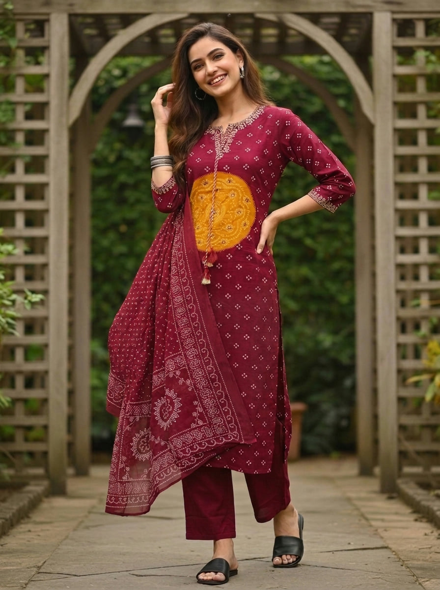 Maroon Bandhani Printed Mirror Embroidered Cotton Straight Kurta Set with Pant and Dupatta