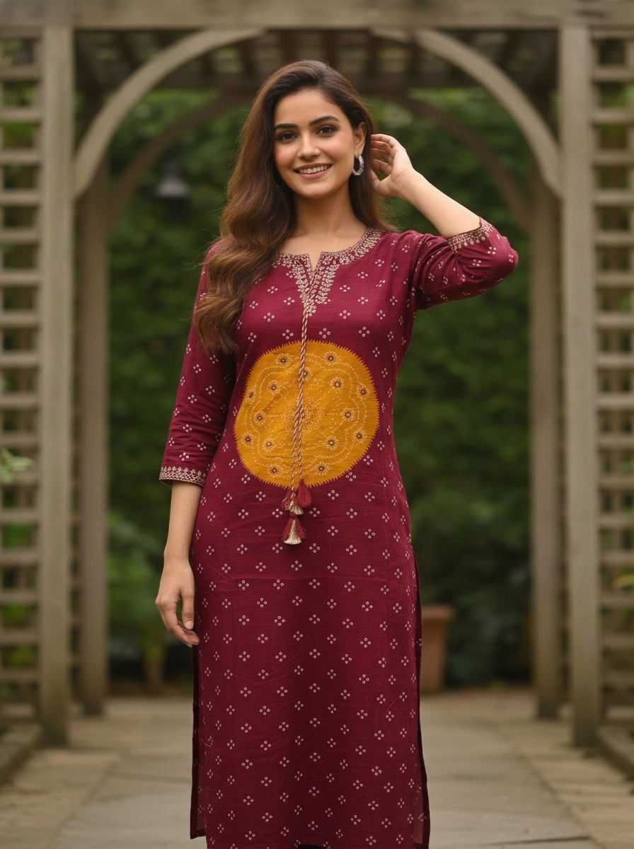 Maroon Bandhani Printed Mirror Embroidered Cotton Straight Kurta Set with Pant and Dupatta