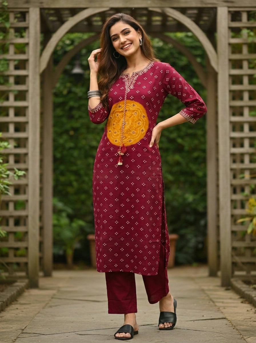 Maroon Bandhani Printed Mirror Embroidered Cotton Straight Kurta Set with Pant and Dupatta