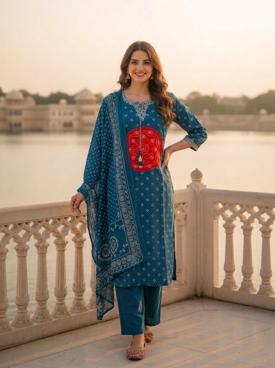 Teal Blue Bandhani Printed Mirror Embroidered Cotton Straight Kurta Set with Pant and Dupatta