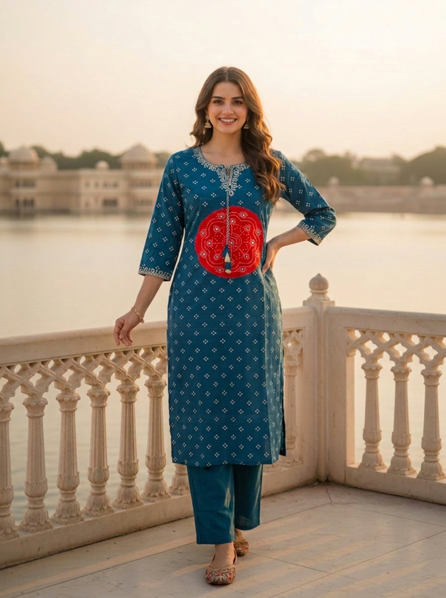 Teal Blue Bandhani Printed Mirror Embroidered Cotton Straight Kurta Set with Pant and Dupatta