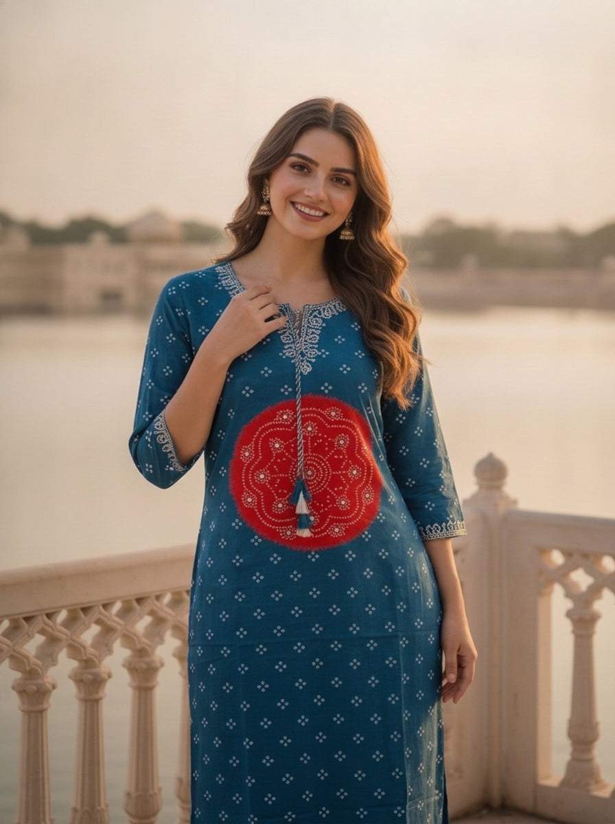 Teal Blue Bandhani Printed Mirror Embroidered Cotton Straight Kurta Set with Pant and Dupatta