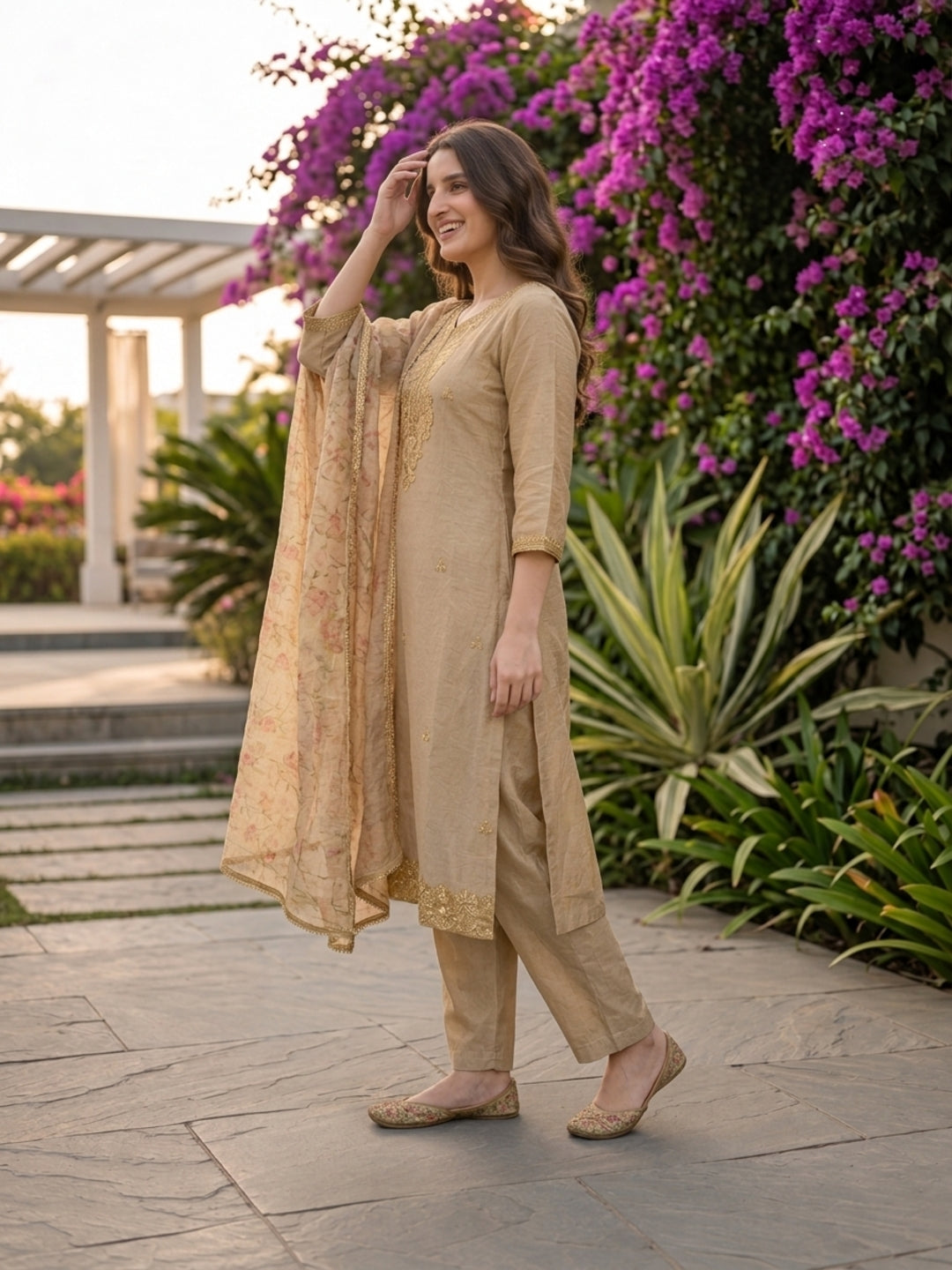Taupe Solid Floral Hand-Embroidered Tissue A-Line Kurta Set with Palazzo and Printed Dupatta