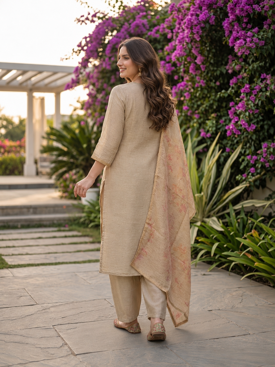 Taupe Solid Floral Hand-Embroidered Tissue A-Line Kurta Set with Palazzo and Printed Dupatta