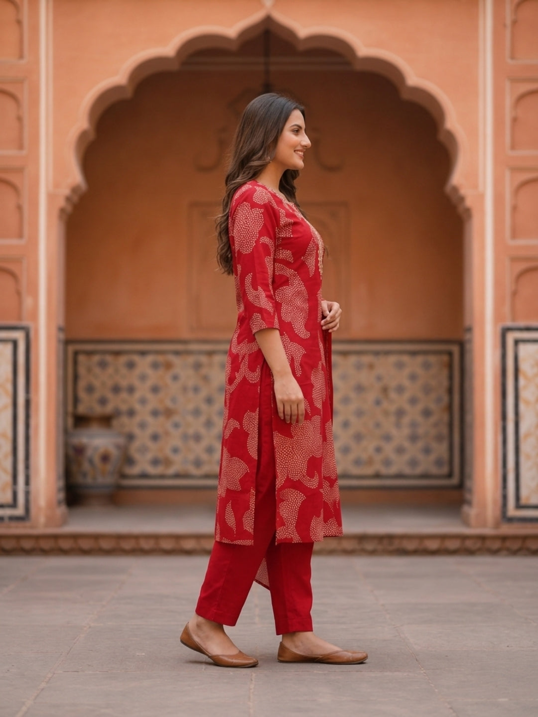 Bandhani Printed & Embroidered Straight Kurta with Pant & Dupatta - Crimson Red