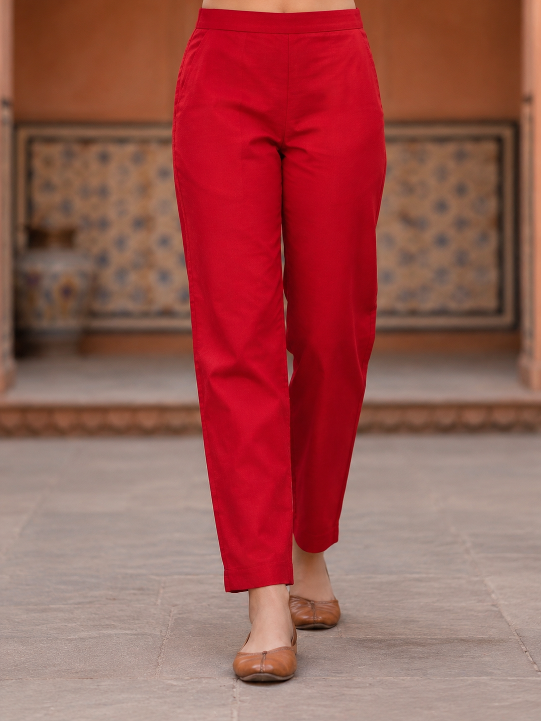 Bandhani Printed & Embroidered Straight Kurta with Pant & Dupatta - Crimson Red