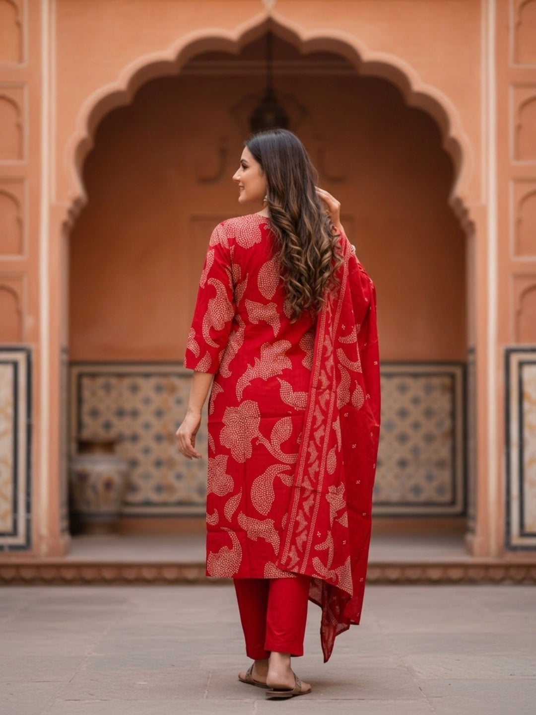 Bandhani Printed & Embroidered Straight Kurta with Pant & Dupatta - Crimson Red