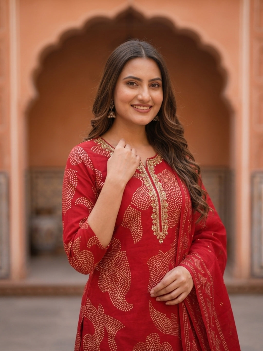 Bandhani Printed & Embroidered Straight Kurta with Pant & Dupatta - Crimson Red