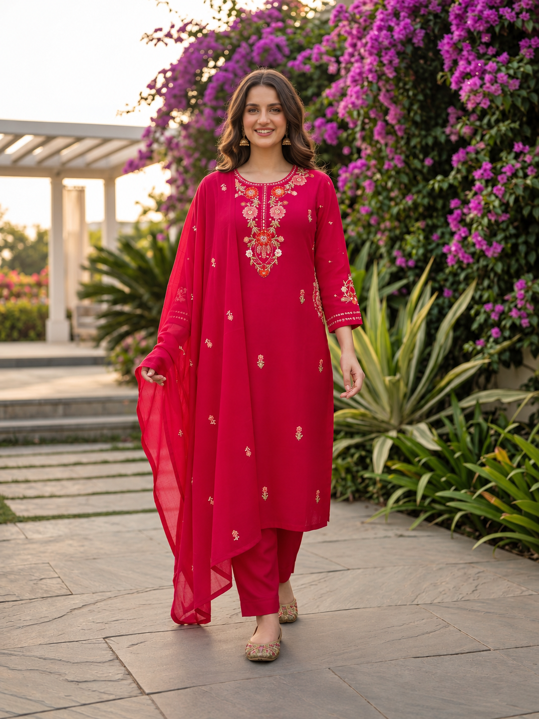 Solid Floral Embroidered Straight Kurta with Pant & Dupatta - Hot Pink