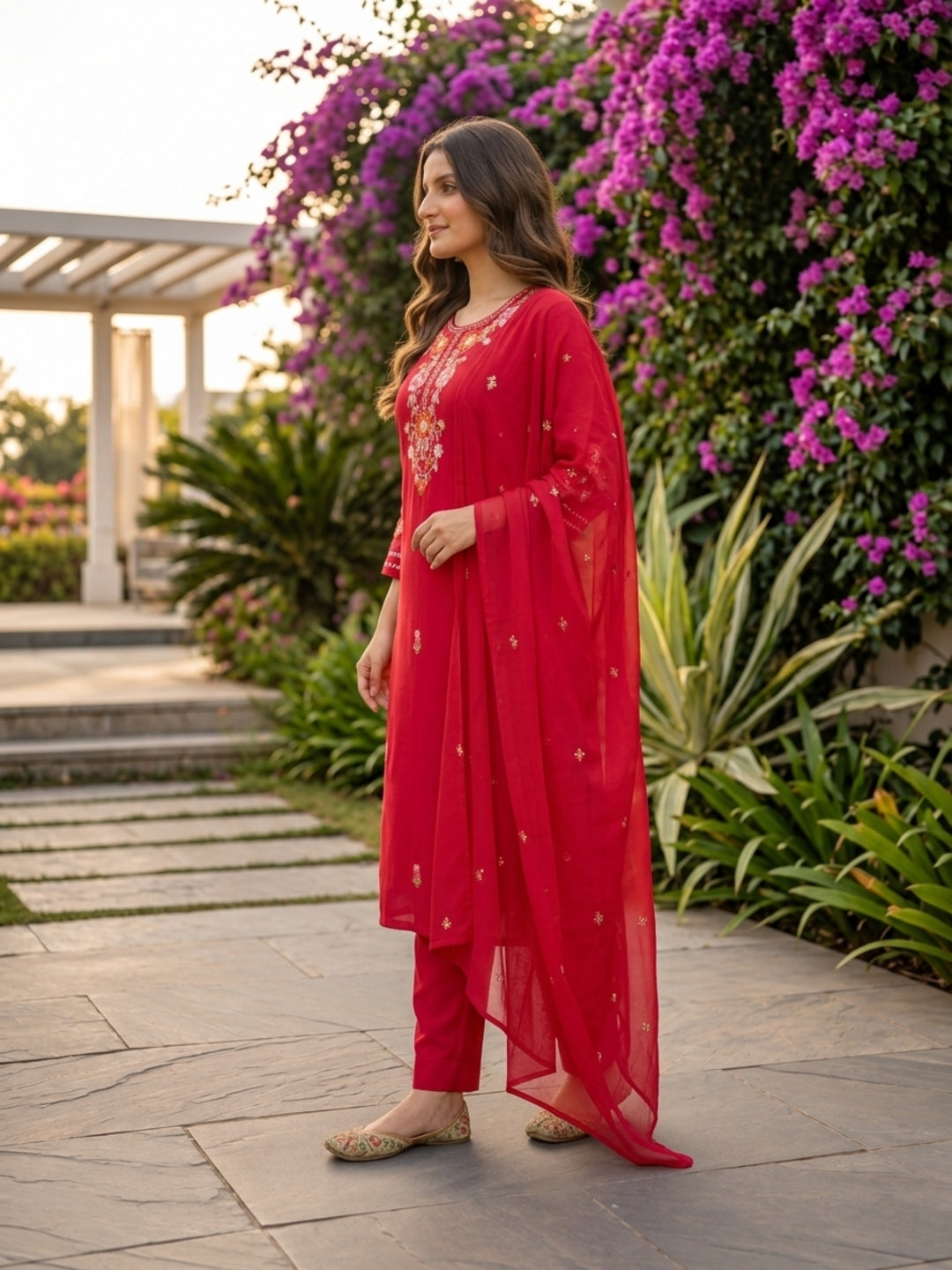 Solid Floral Embroidered Straight Kurta with Pant & Dupatta - Hot Pink