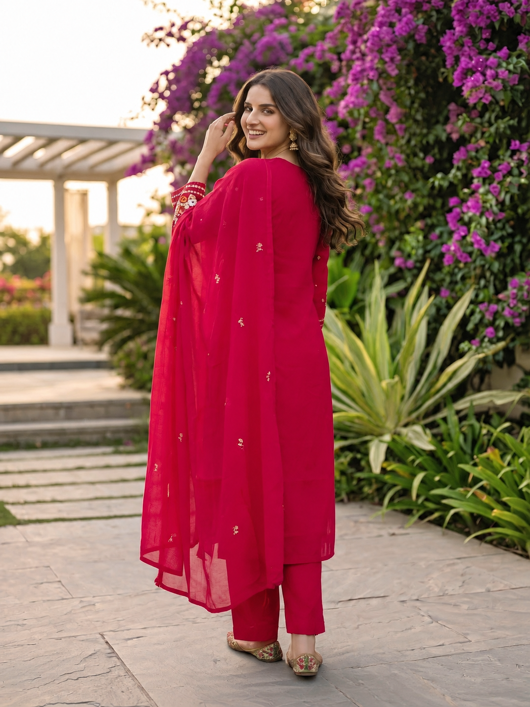 Solid Floral Embroidered Straight Kurta with Pant & Dupatta - Hot Pink