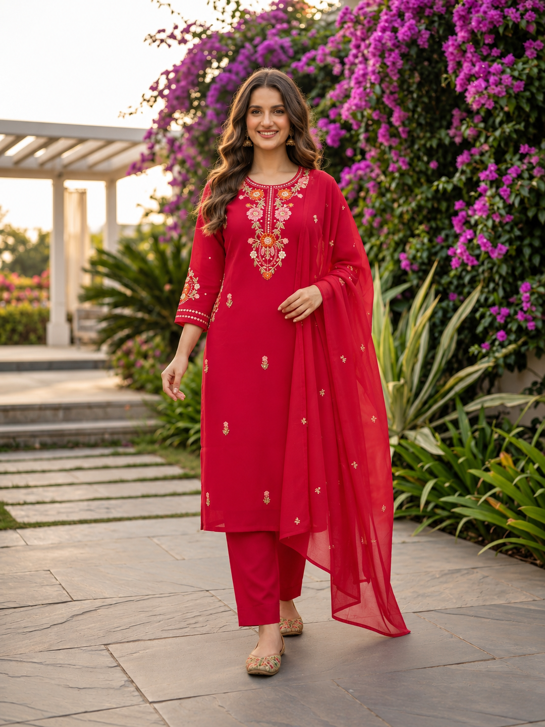 Solid Floral Embroidered Straight Kurta with Pant & Dupatta - Hot Pink