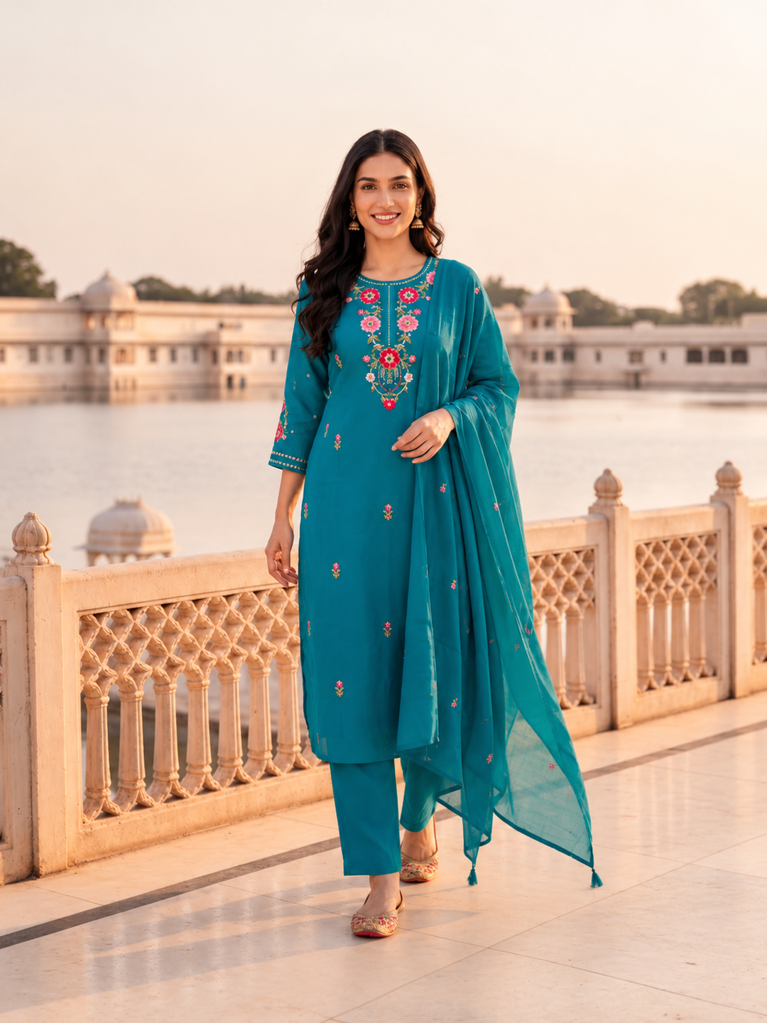 Peacock Blue Solid Floral Embroidered Chanderi Silk Straight Kurta Set with Pant and Dupatta