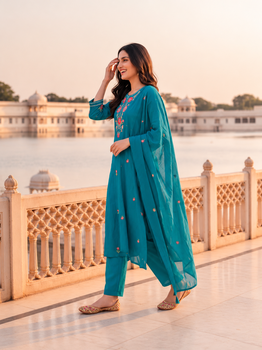 Peacock Blue Solid Floral Embroidered Chanderi Silk Straight Kurta Set with Pant and Dupatta