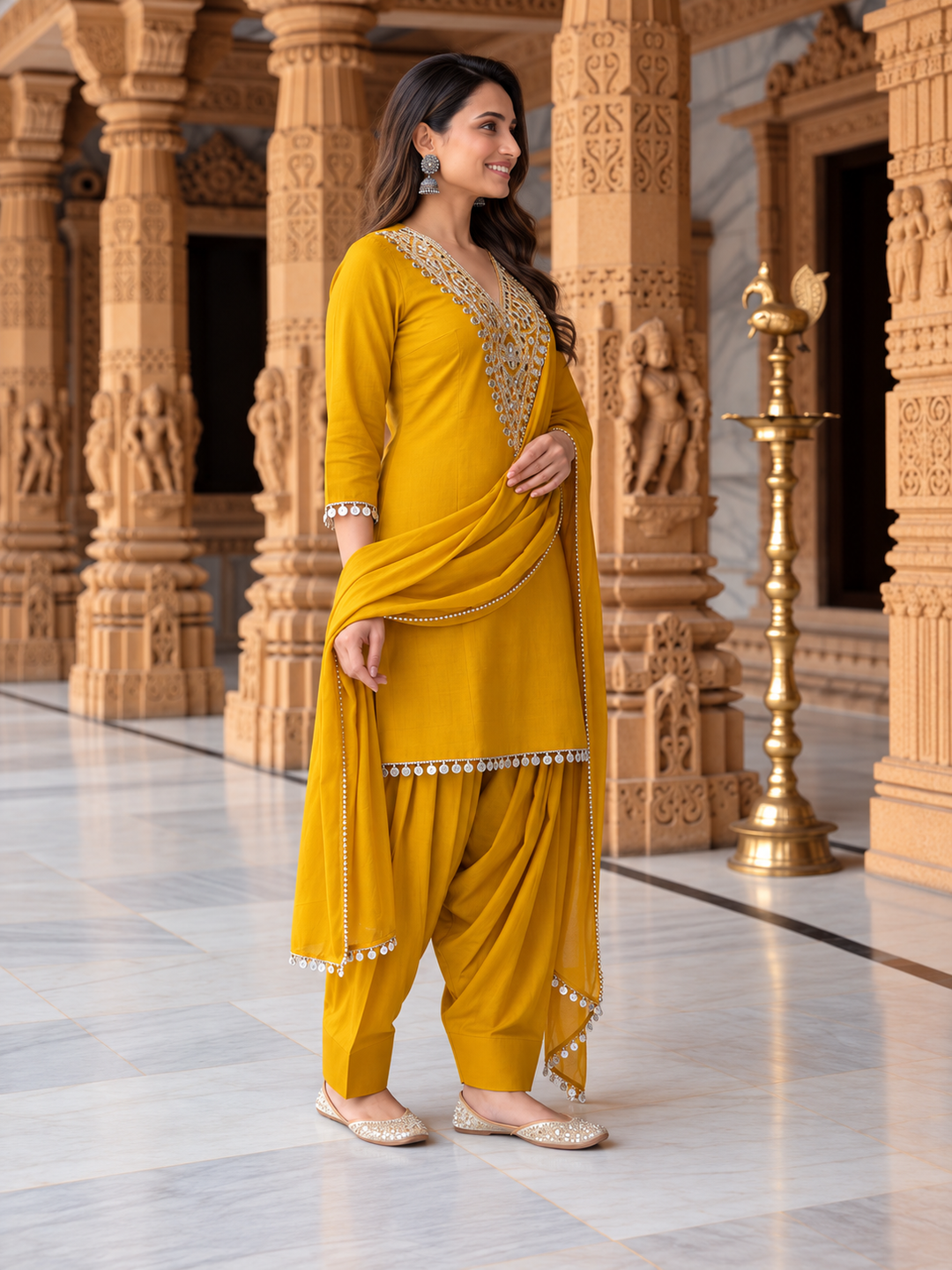Mustard Yellow Solid Floral Embroidered Chanderi Silk Straight Kurta Set with Pant and Dupatta
