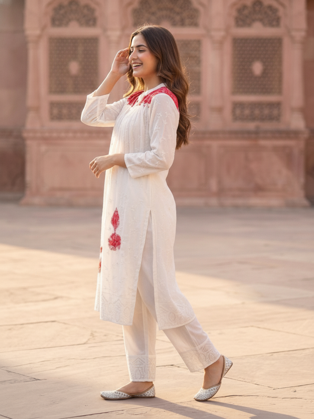 Off White Solid Floral Embroidered Georgette A-Line Pleated Kurta Set with Pant and Dupatta