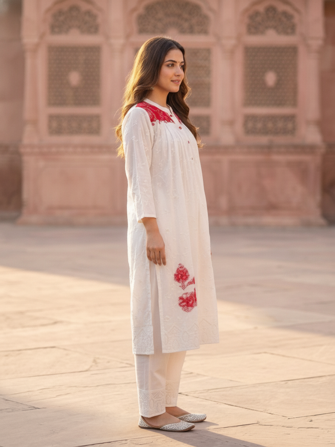 Off White Solid Floral Embroidered Georgette A-Line Pleated Kurta Set with Pant and Dupatta