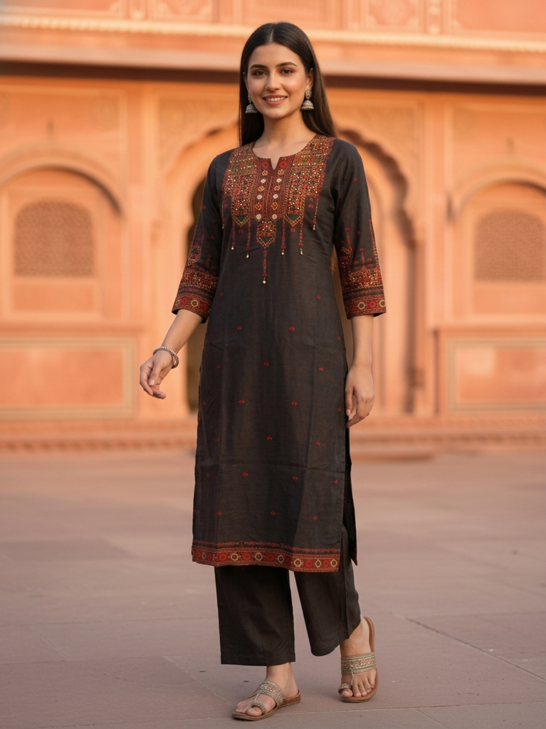 Charcoal Black Floral Ethnic Printed Embroidered Muslin Silk Straight Kurta Set with Pant and Dupatta