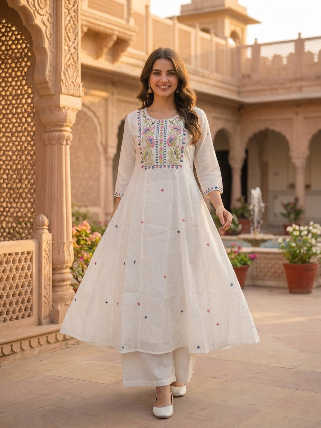 Off White Solid Floral Embroidered Chanderi Silk Anarkali Kurta Set with Palazzo and Dupatta